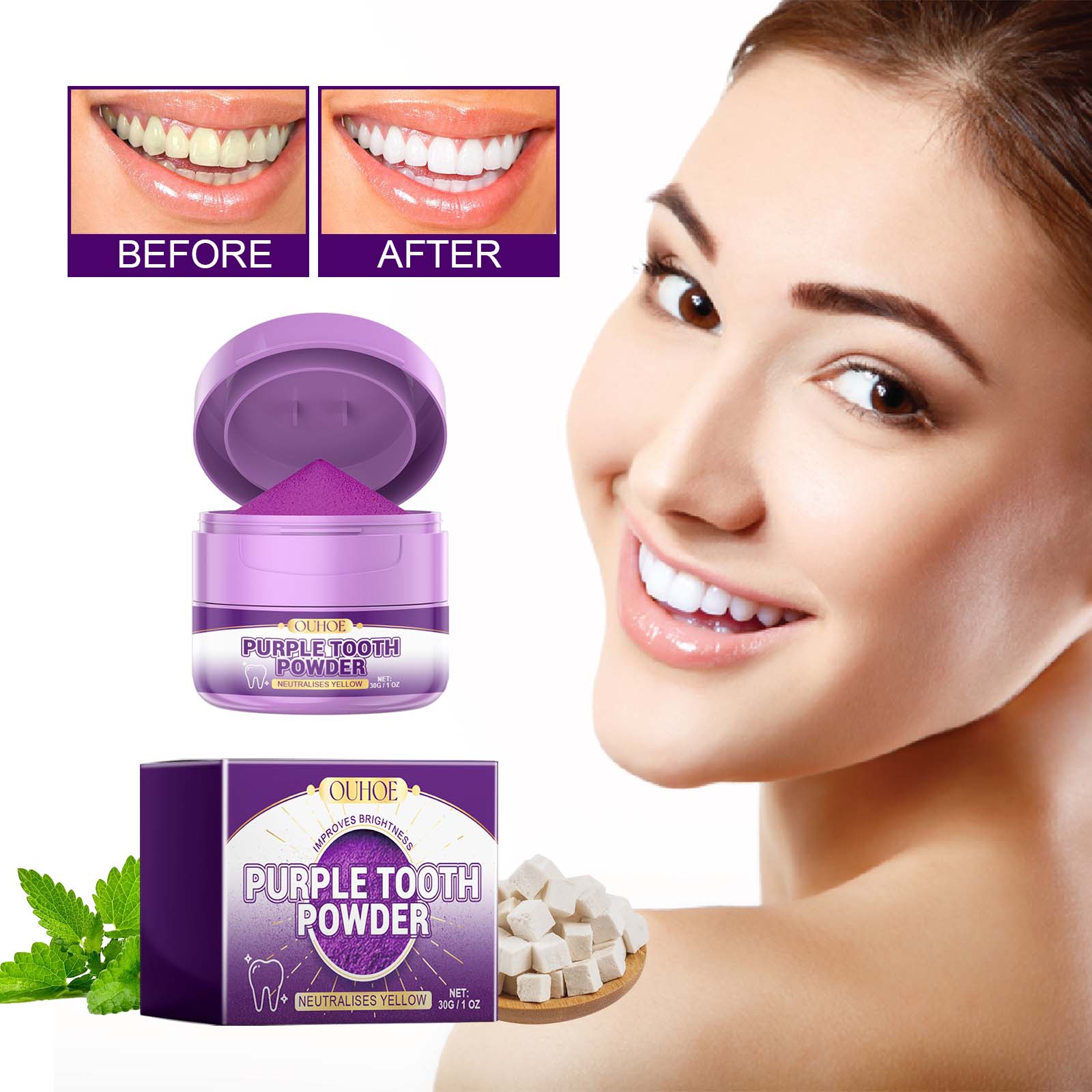 Purple Tooth Powder, Teeth Yellow Teeth Stains Tartar Cleaning Care Whitening Teeth Powder